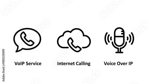 Vo ip service internet calling voice over ip communication icons with communication system service provider data transmission network service online service digital communication voip icon