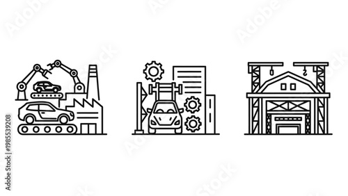 Car manufacturing icons: assembly line factory warehouse with supply chain manufacturing plant industrial facility automobile industry production line robot arm industrial building automated
