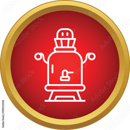White line art samovar icon on a red circle with a golden border