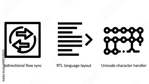 Technology icons: bidirectional sync multilingual layout unicode character handling with data flow software development technology transfer communication language character encoding software