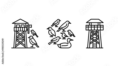 Wildlife and structure icons: observation towers and flock of birds with observation tower avian life group of birds wild animal nature observation wildlife structure building watchtower