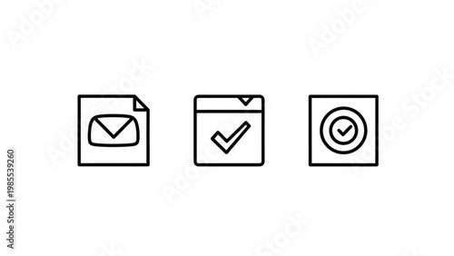 Email calendar checkmark icons on white background with task management to do list envelope calendar schedule planning checkmark approved completed minimalist interface communication