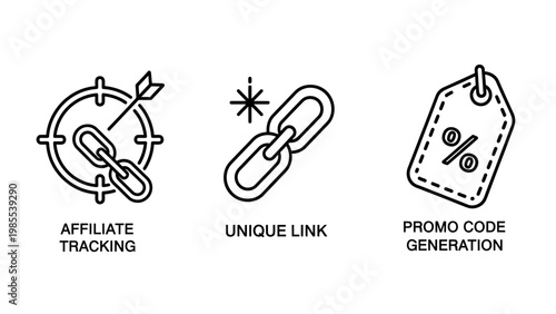 Affiliate marketing icons: tracking unique link promo code generation unique identifier discount code deal generation online advertisement affiliate program tracking generation marketing