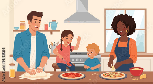 Cheerful family making homemade pizza together in kitchen preparing dough and adding toppings for a fun meal in bright kitchen setting vector illustration