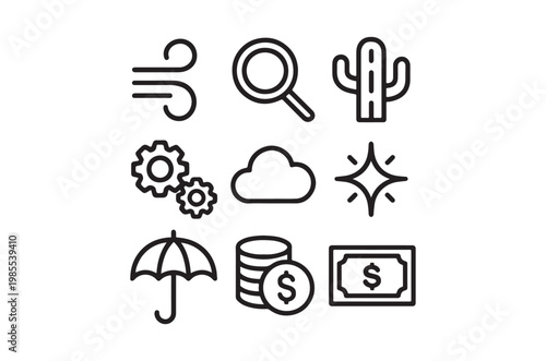 Collection of simple black line icons representing various concepts