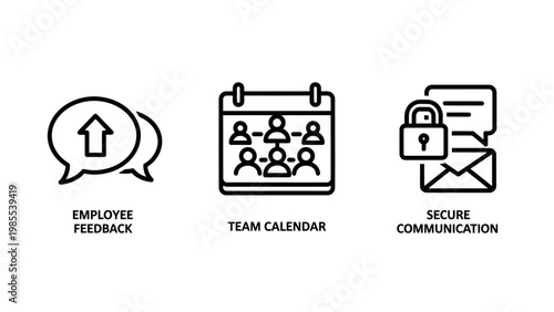Employee feedback team calendar secure communication icons with up arrow speech bubble feedback calendar communication security envelope up arrow organization business management planning