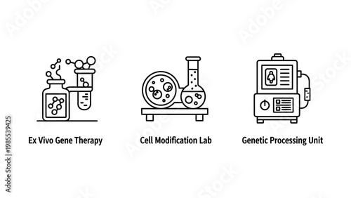 In vitro gene therapy cell modification lab genetic sequencing unit icons modification sequencing biotechnology medicine research laboratory equipment microscope molecule treatment