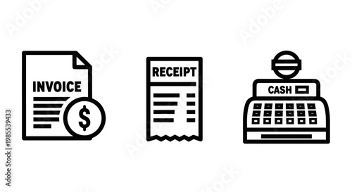 Invoice receipt cash register icons with register transaction business accounting commerce shopping document illustration collection purchase exchange currency terminal processing