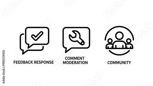 Feedback response comment moderation community icons with feedback response moderation community communication discussion checkmark illustration collection interaction engagement management