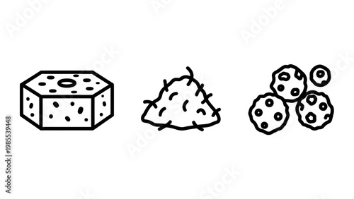 Hexagonal object with holes pile of small objects cluster of circular objects icons material geometric illustration abstract collection technology building business analysis research