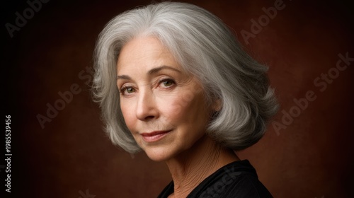 Elegant Portrait of Mature Woman with Silver Hair, Captivating Expression, Soft Lighting, Classic Beauty, Timeless Charm, Close-Up Studio Photography
