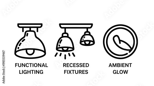 Functional lighting recessed fixtures ambient glow icons with user interface lighting recessed illustration interior decoration electricity illumination collection technology business