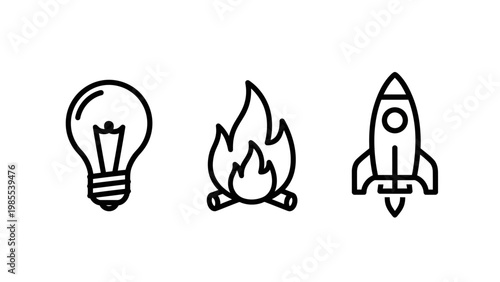 Lightbulb campfire rocketship icons with lightbulb innovation campfire rocketship illustration creativity adventure technology exploration beginning progress isolated background business
