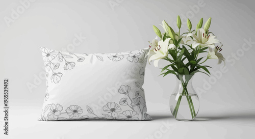 Elegant white lilies in glass vase beside floral pillow creating decorative tabletop display outlined graphic art with monochrome palette