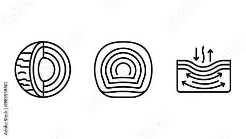 Layered structure icons representing internal composition and material stress or pressure with cross section structure composition material pressure sections internal analysis engineering