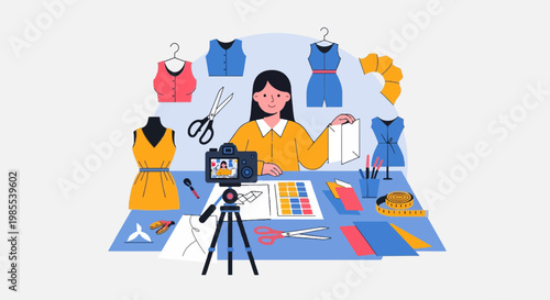 Fashion designer vlogging tutorial about sewing clothes with dress forms scissors and colorful fabrics in a creative studio