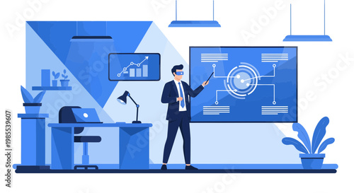 Businessman presenting on whiteboard chart.