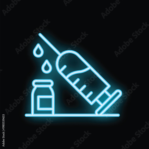 Blue neon icon of a syringe injecting a medication vial, with drops, on a black background