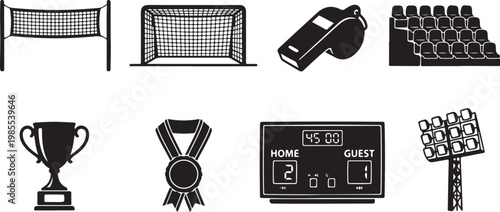 Sports icons, athletic symbols, trophy, medal, scoreboard, soccer goal, whistle, stadium seats