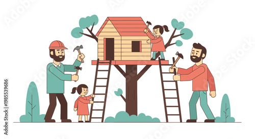 Father and daughter building a treehouse with hammers in cartoon vector illustration; woodworking family project in outdoor setting