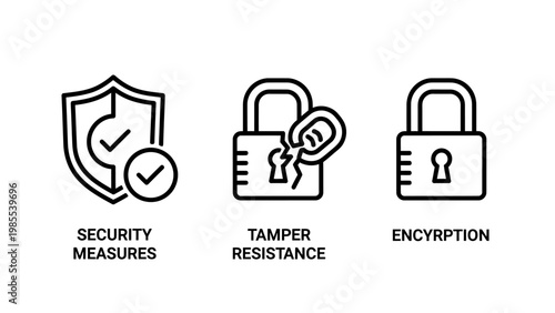 Icons for security measures tamper resistance encryption with broken lock data security data protection secure data account security lock icon encryption protection cybersecurity confidential