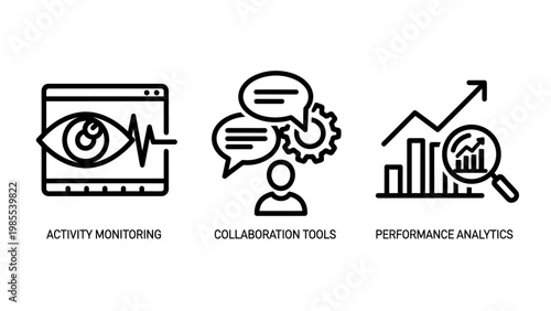 Icons for activity monitoring collaboration performance analysis with activity monitoring tracking analysis performance magnifying collaboration teamwork communication illustration business