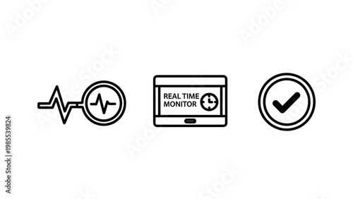 Icons for real-time data monitoring confirmation with illustration technology information processing analytics dashboard confirmation validation approval completion progress connection