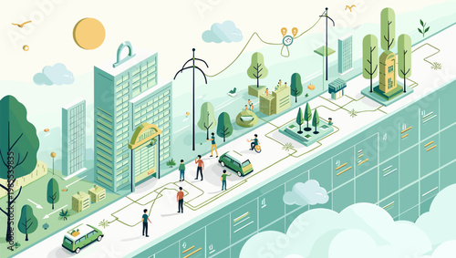 A serene illustration depicting a green urban park with directional arrows suggesting growth or movement. Ideal for concepts around sustainability, pl