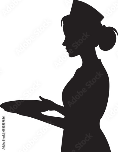 Waitress silhouette holding serving tray representing hospitality service and restaurant staff concept