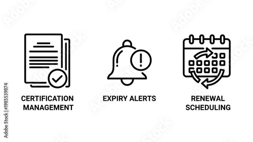 Certification management expiry alerts renewal scheduling system icons representing administrative processes and workflow automation with certification management document checkmark complete
