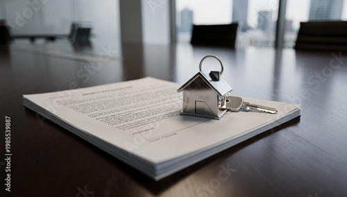 House Key with Keychain on Mortgage Contract Documents in Office Setting