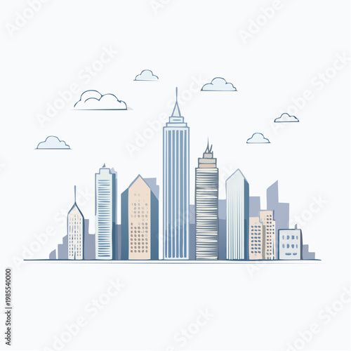 Modern Cityscape Illustration with Tall Buildings and Clouds