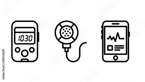 Digital health and wearable technology icons: fitness tracker sensor device medical monitoring smartphone technology wearable smartphone monitoring application analysis hospital wellness