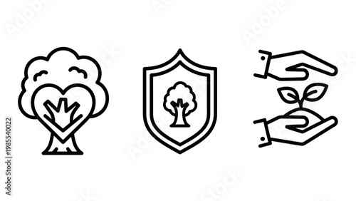 Environmental protection nature conservation sustainable growth icons representing ecological care and green living with climate change eco friendly eco system line art black white environment