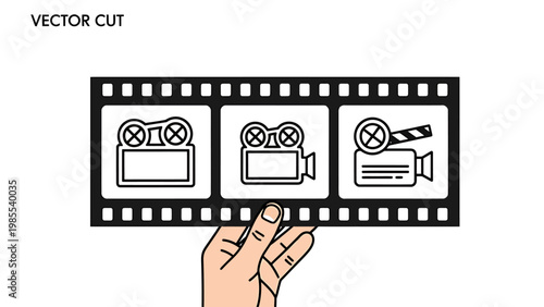 Hand holding a film strip with various camera and clapboard icons representing film production and editing processes black and white background clapboard production multimedia director