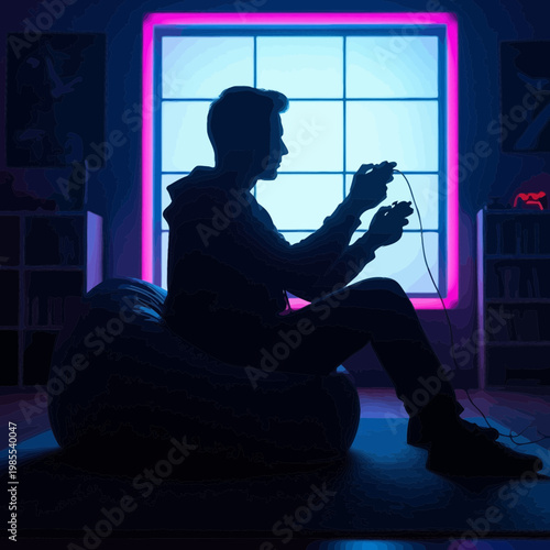 Silhouette Gamer Playing Video Game Console in Neon Lit Room