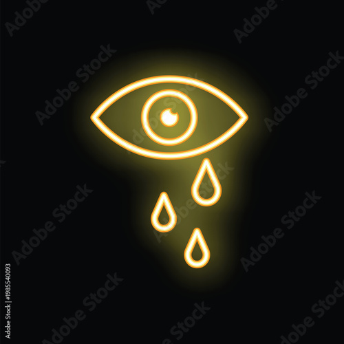 Neon yellow eye crying with three teardrops on a black background