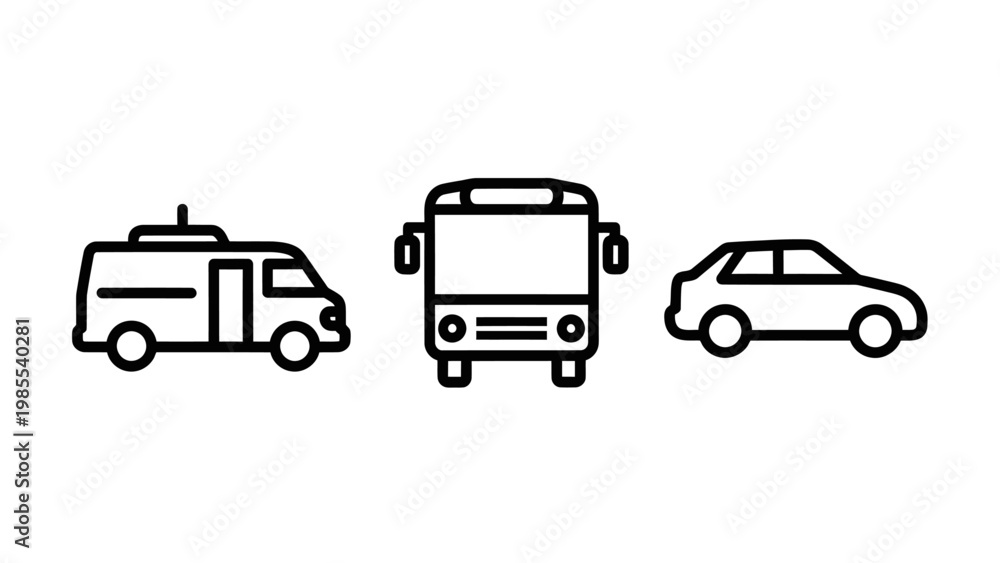 Fototapeta premium Outline icons of various ground vehicles including a van bus sedan car with thin line public transport private transport motor vehicle black and white vehicles transportation automobile