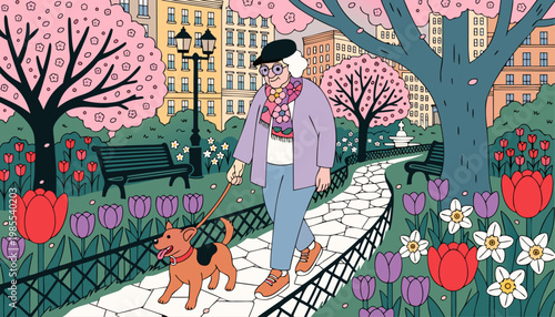 A vibrant illustration of an elderly woman walking her dog in a beautiful park with blooming flowers and trees