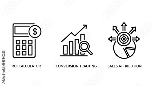 Business metrics and analytics icons with roi calculator conversion tracking sales attribution line art financial analysis business analytics marketing performance investment strategy