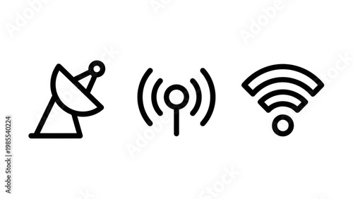 Wireless communication and connectivity icons with satellite dish antenna wi-fi signal line art long range short range wireless communication connectivity satellite internet broadcast