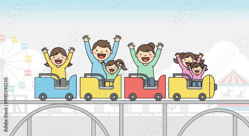 Happy family riding on a colorful roller coaster at an amusement park in cartoon style featuring cheerful expressions and playful design elements
