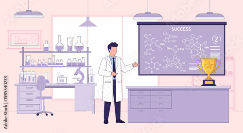 Man in lab coat standing classroom.