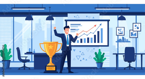 Man in suit holding trophy award.