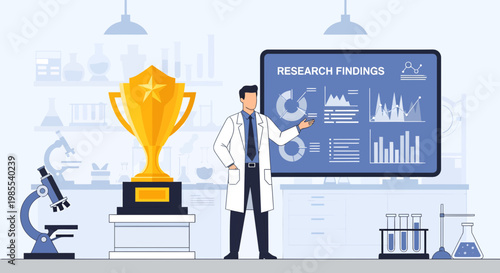 Man in lab coat presenting research.