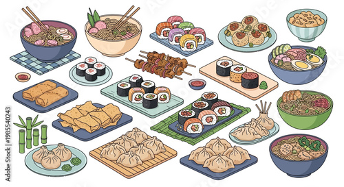 Asian Food Collection Illustration Set of Ramen Sushi Dim Sum and Street Food