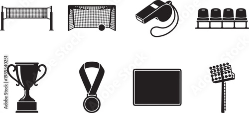 Sports icons, athletic symbols, fitness elements, 8 black vector graphics