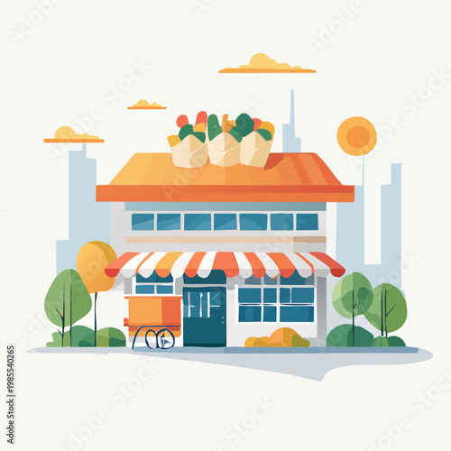 Charming flat design illustration of a local supermarket offering fresh produce, groceries, and daily essentials