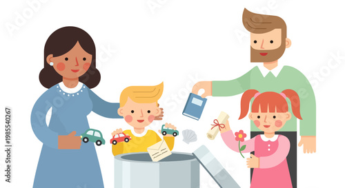 Happy family recycling different household items in a container colorful vector illustration of parents and kids participating in waste sorting
