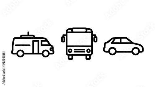 Outline icons of various ground vehicles including a van bus sedan car with thin line public transport private transport motor vehicle black and white vehicles transportation automobile